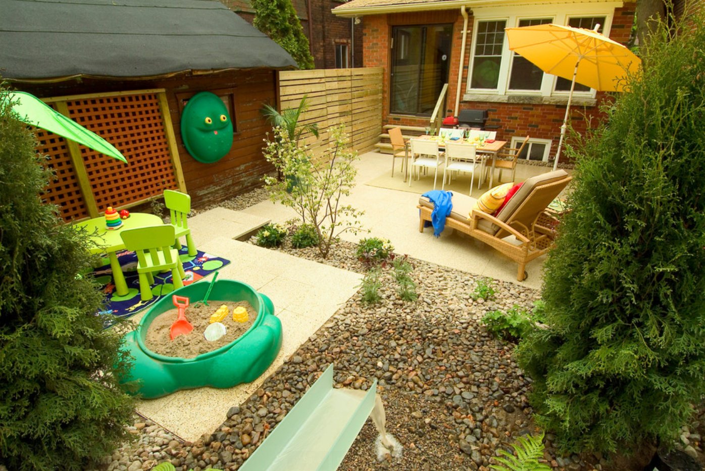 Дизайн двора с детской площадкой в частном доме