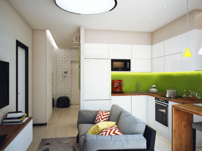Дизайн кухни в студии 20 кв м с зонированием