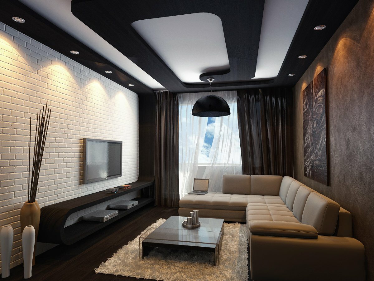 Потолок из гипсокартона с подсветкой в гостиной в современном стиле