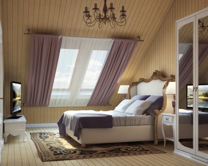 Оформление спальни на мансарде в частном доме